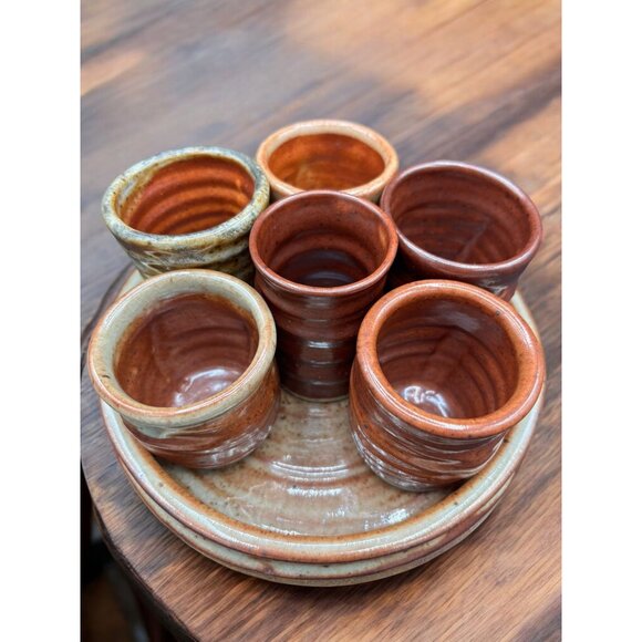 Vintage Studio Art Pottery Sake / teacup stoneware 6 cups + tray Hand Thrown - Picture 2 of 11